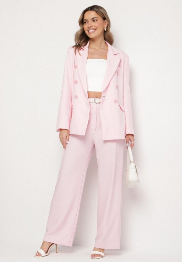 Różowa Dwurzędowa Marynarka z Usztywnioną Linią Ramion Emiranea