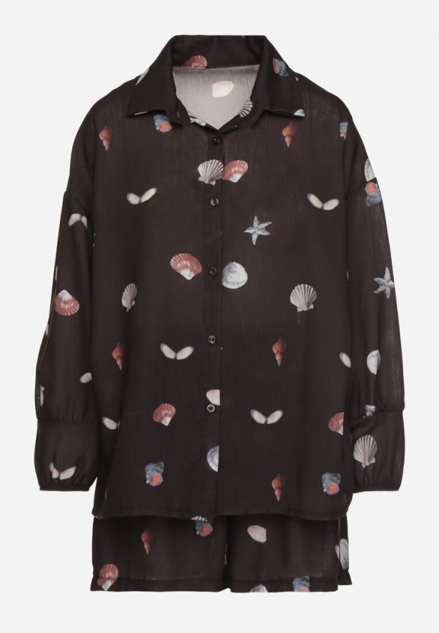 Czarny Komplet z Wiskozą Koszula i Szorty z Motywem Morskim Reivienne