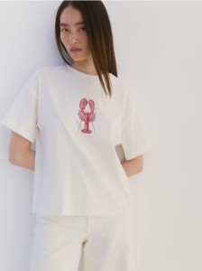 Bawełniany t-shirt z nadrukiem - złamana biel