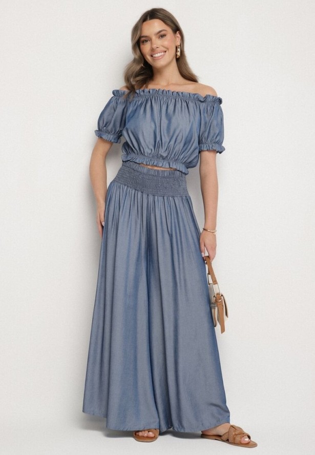 Niebieski Komplet z Wiskozy Bluzka Hiszpanka i Szerokie Spodnie Efrale