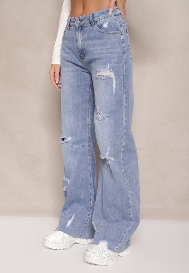 Jasnoniebieskie Jeansy High Waist o Szerokim Kroju z Dziurami i Przetarciami Nalarieth