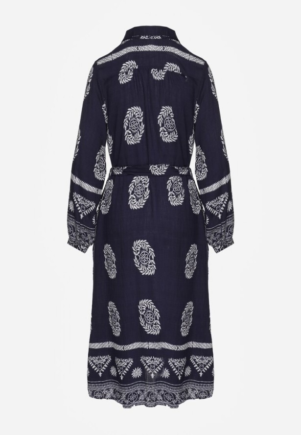 Granatowa Sukienka Koszulowa Wiązana w Pasie w Stylu Boho Rorisha