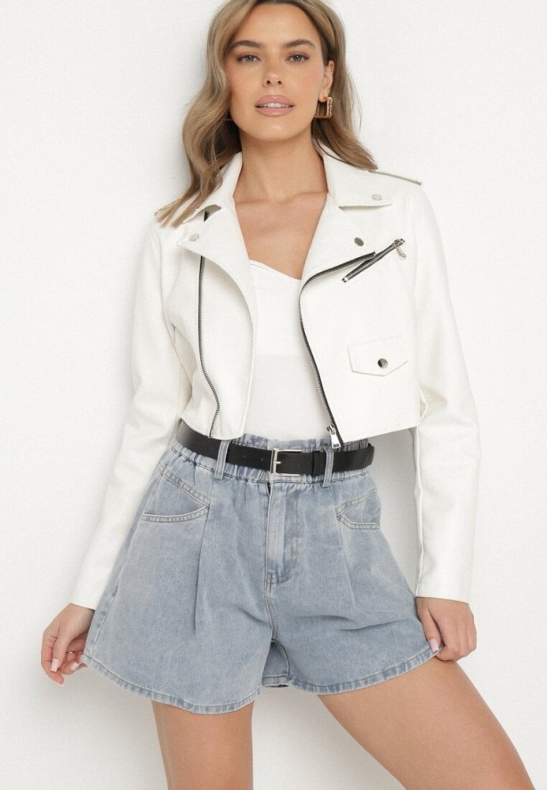 Jasnoniebieskie Szorty Jeansowe z Ozdobnymi Przeszyciami Gumką w Talii i Paskiem Alariana