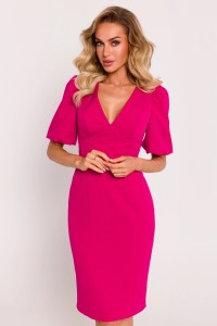 Elegancka ołówkowa sukienka dekolt V bufiaste rękawy fuksja