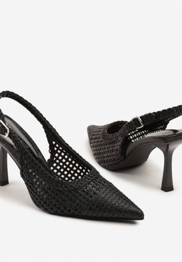 Czarne Sandały na Szpilce Typu Slingback Ozdobione Plecionką Meranoria