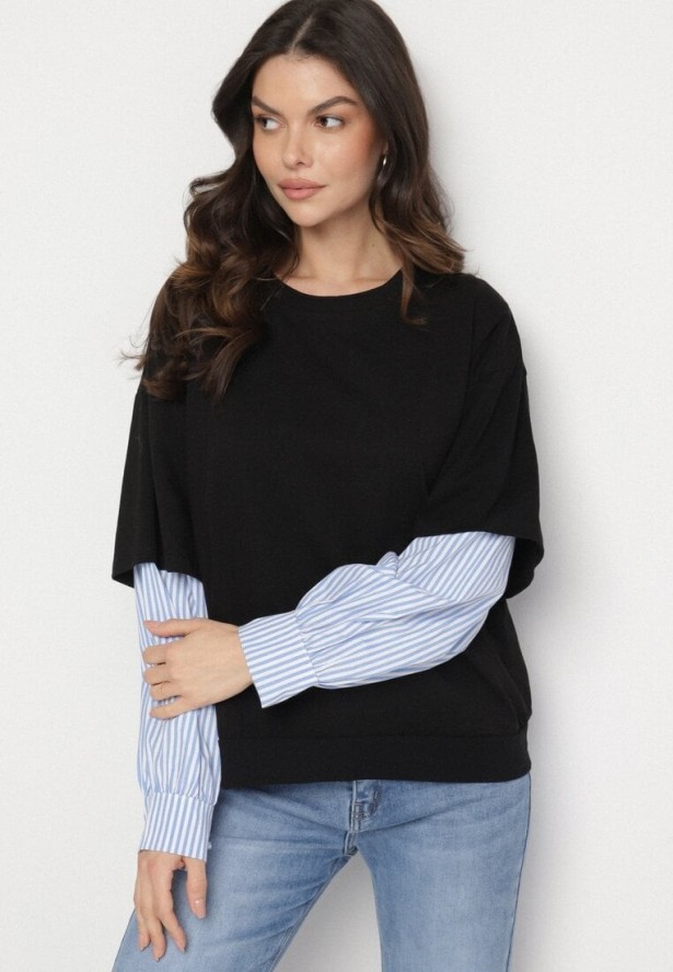 Czarna Bluzka z Bawełny z Koszulowymi Rękawami w Paski Firselia