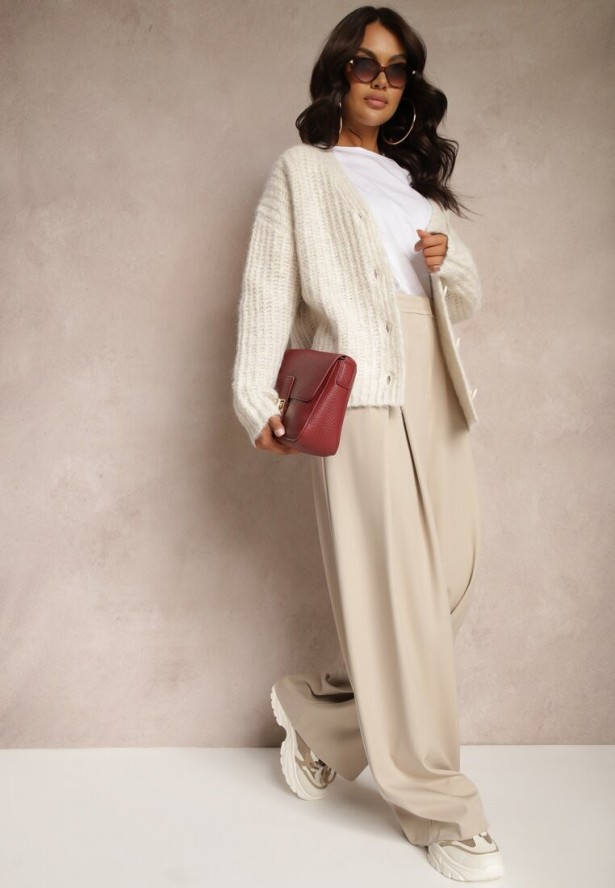 Beżowe Szerokie Spodnie z Wiskozą o Garniturowym Kroju z Zakładkami i Kieszeniami Lobine