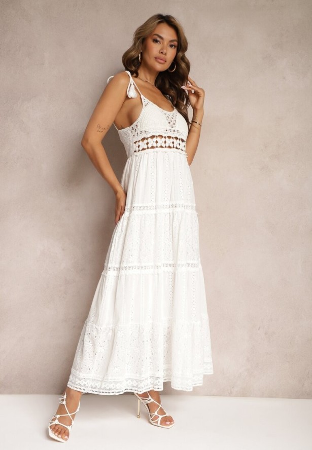 Biała Szydełkowa Sukienka Maxi z Ozdobnym Haftem i Falbanką Eshade