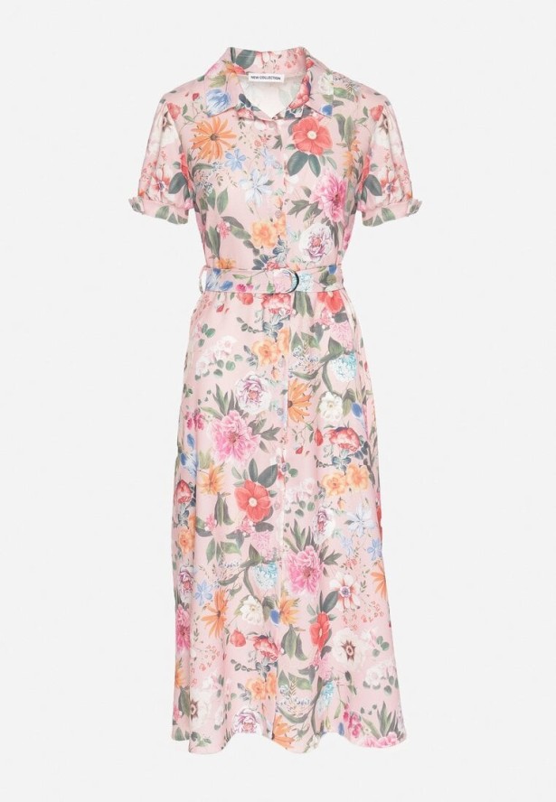 Różowa Rozkloszowana Sukienka o Koszulowym Kroju z Paskiem w Kwiatowy Wzór Fevelorine