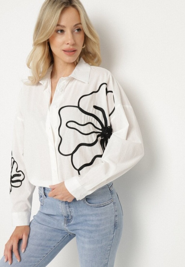 Biała Bawełniana Koszula z Kwiatowymi Aplikacjami Talreina