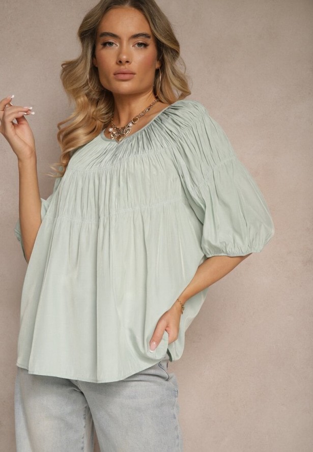 Miętowa Bluzka z Wiskozą o Fasonie Oversize z Gumkami w Ramionach Alirona