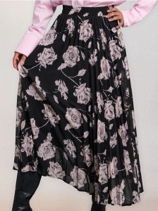 Plisowana spódnica midi ze wzorkiem - czarny