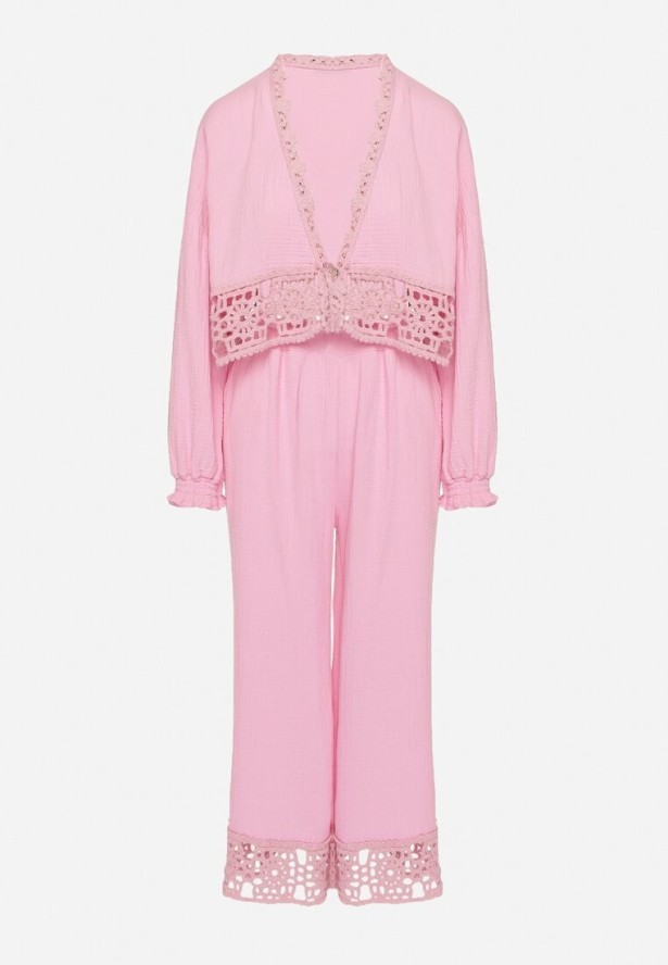 Różowy Bawełniany Komplet z Ażurowymi Zdobieniami Bluzka i Spodnie Palaniela