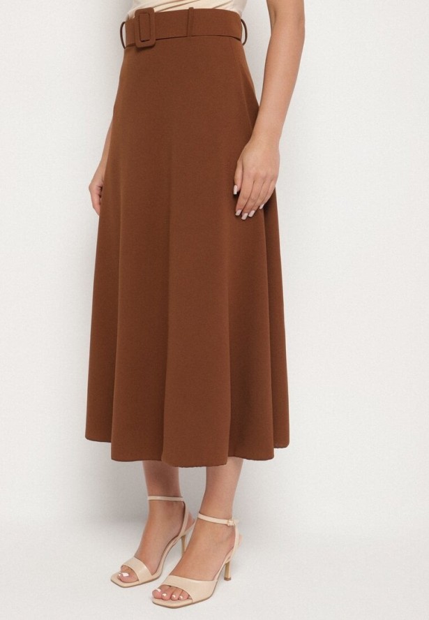 Brązowa Gładka Spódnica Maxi z Gumką w Pasie i Klamrą Orirsa