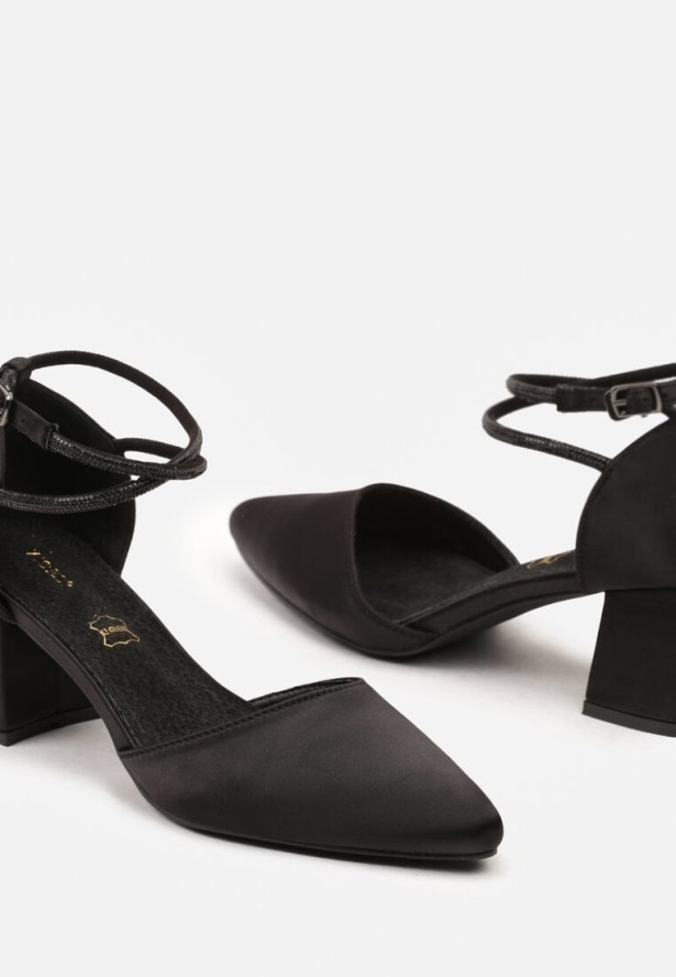 Czarne Satynowe Czółenka Vices na Obcasie ze Skórzaną Wkładką i Cyrkoniowymi Paskami Riaviraet