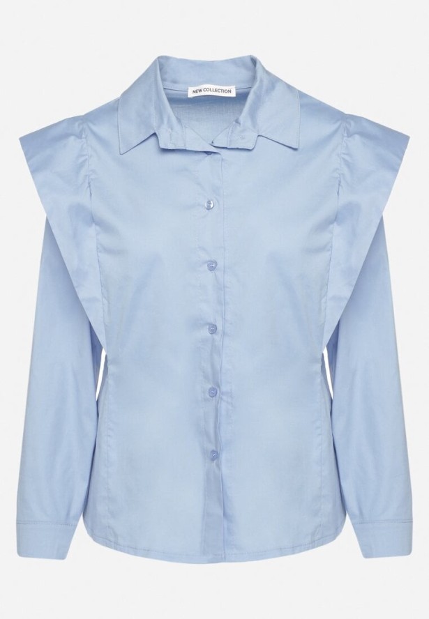 Jasnoniebieska Bawełniana Koszula z Ozdobnymi Ramionami Teladoria