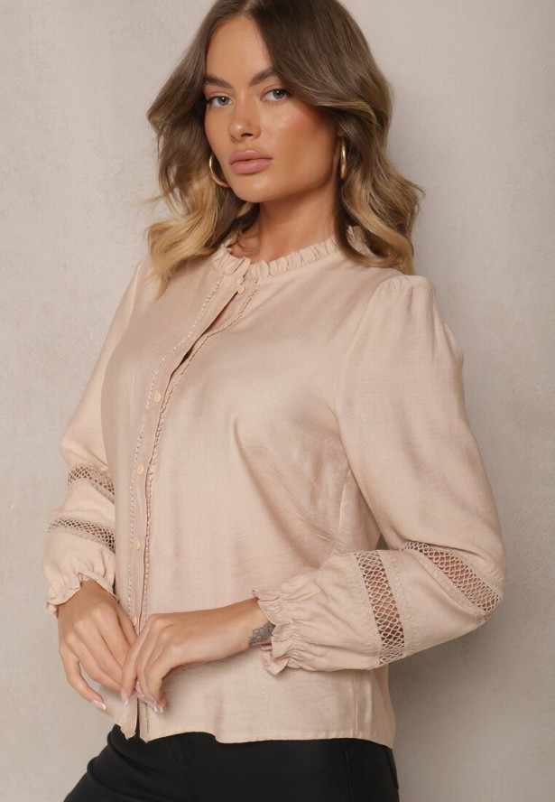 Beżowa Prosta Koszula z Wiskozy z Ozdobnymi Koronkowymi Wstawkami Cesiola