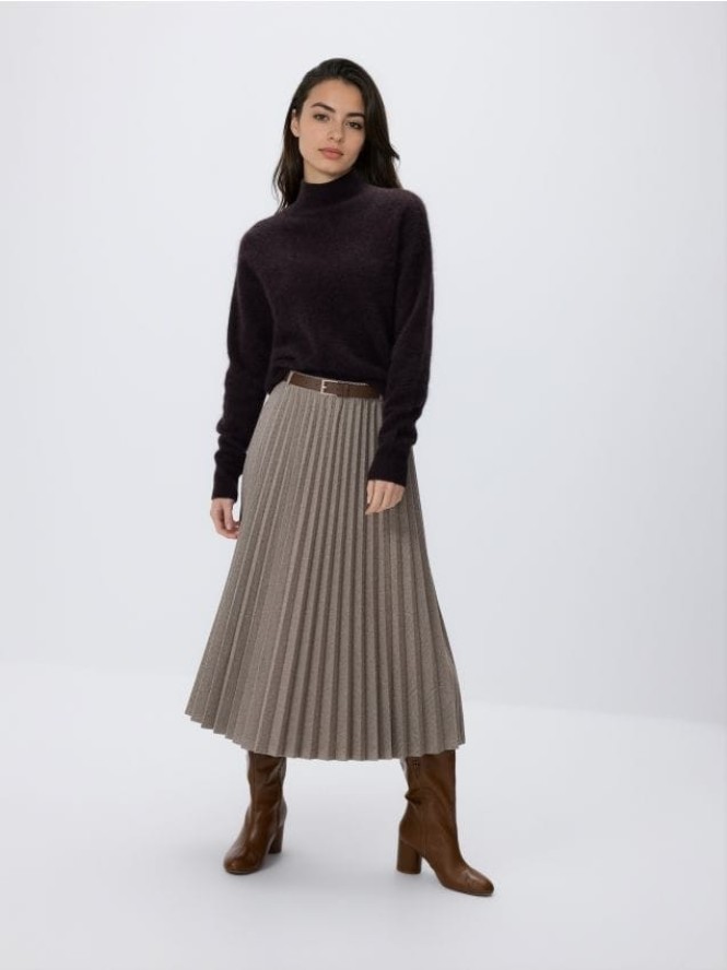 Plisowana spódnica midi z paskiem - beżowy