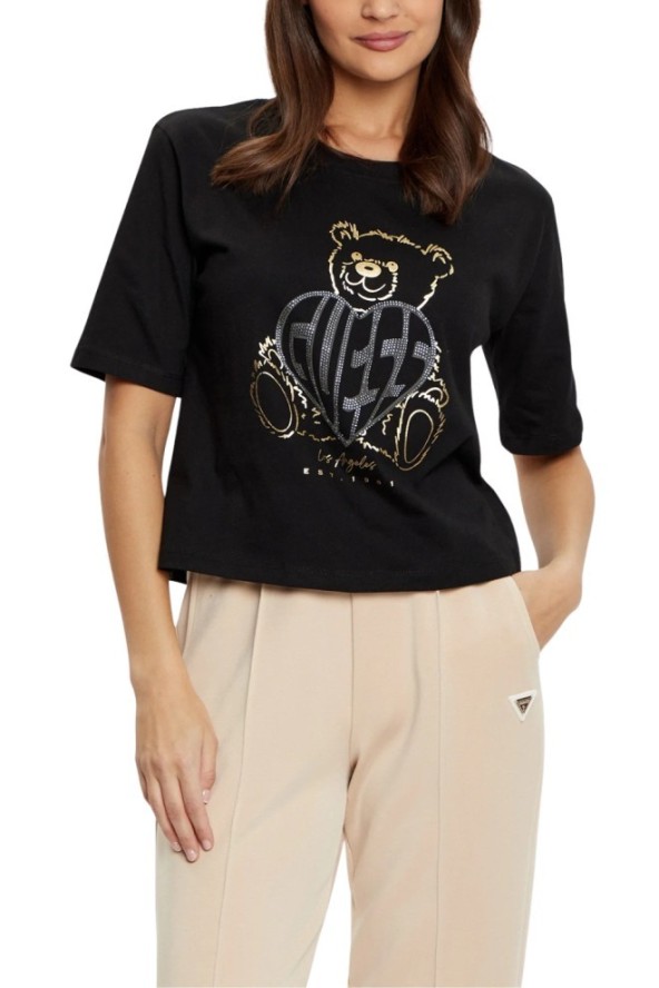 GUESS Czarny t-shirt damski Bear Boxy, Rozmiar S