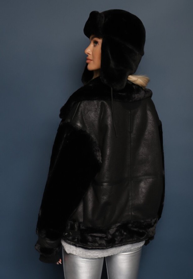 Czarna Kurtka Pilotka z Ozdobnym Futerkiem Grapela