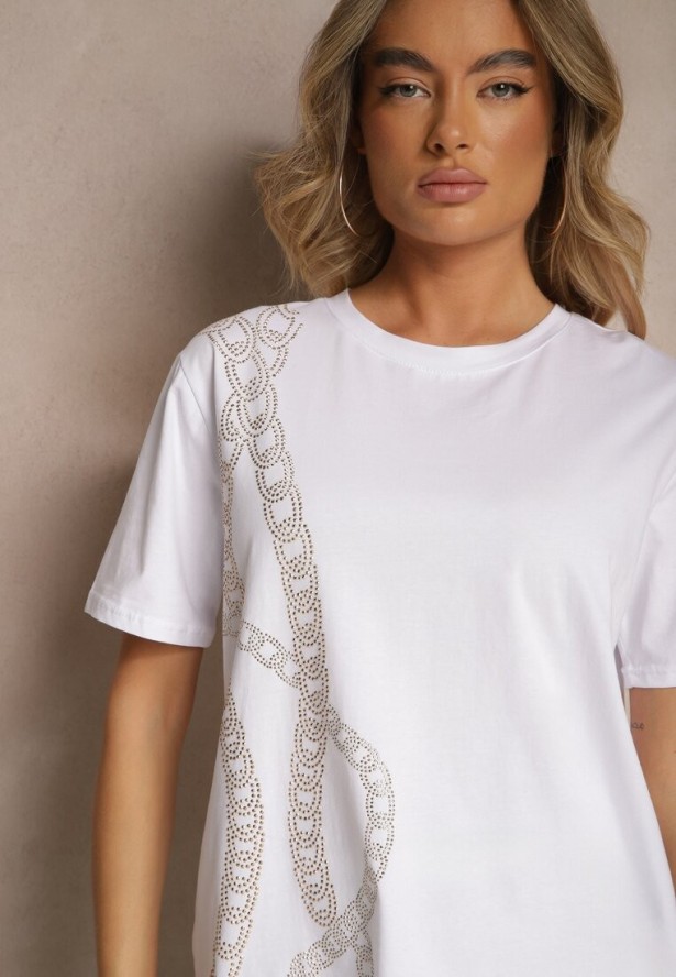 Biały T-shirt z Bawełny Ozdobiony Cyrkoniami Lavnelis