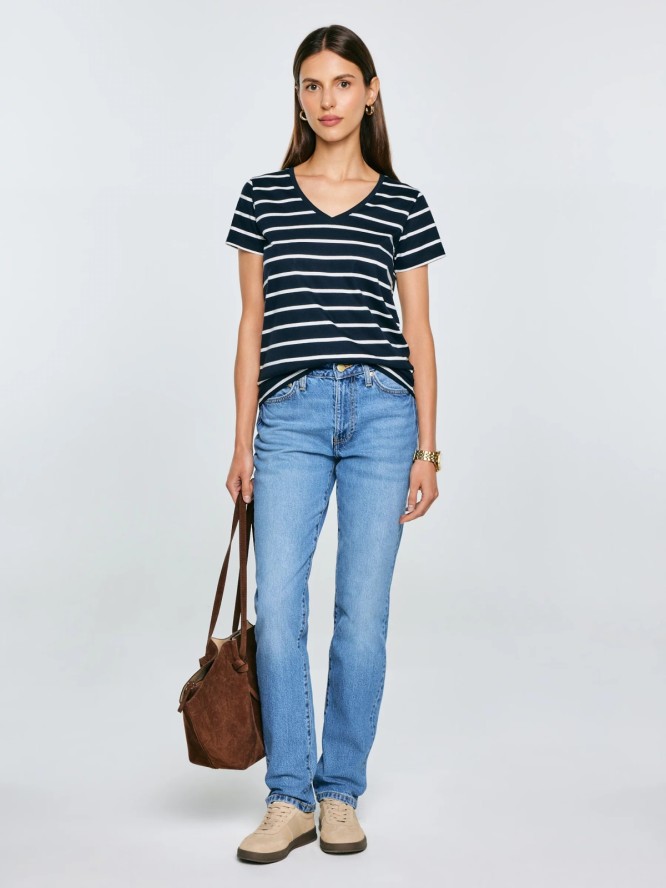 Koszulka damska z dekoltem v-neck w paski granatowa Retina 403