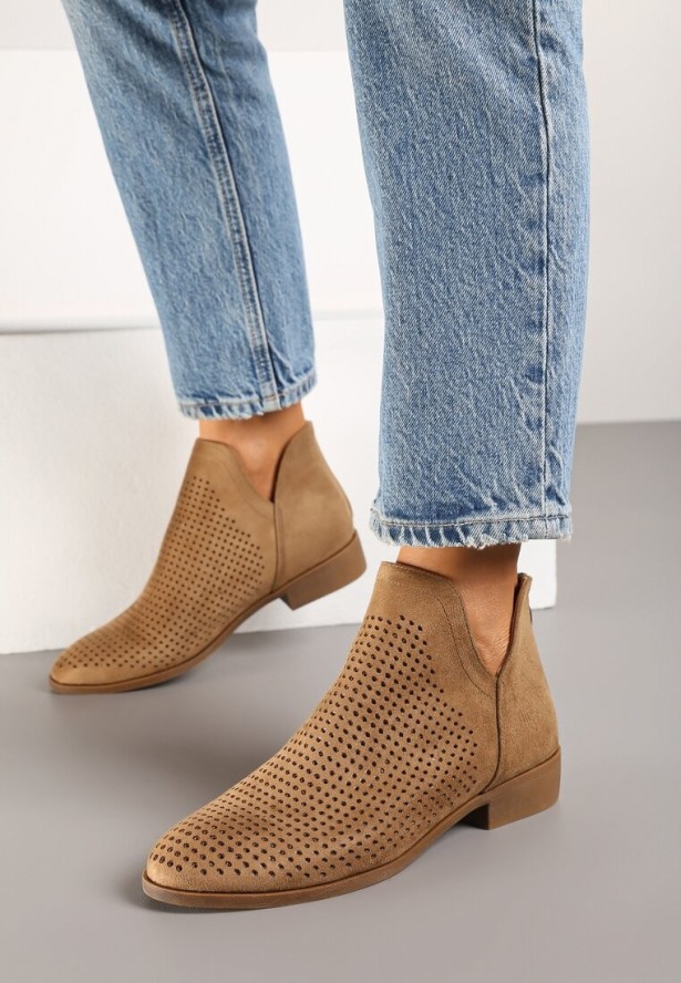 Ciemnobeżowe Płaskie Botki Vices z Wycięciem Felilia