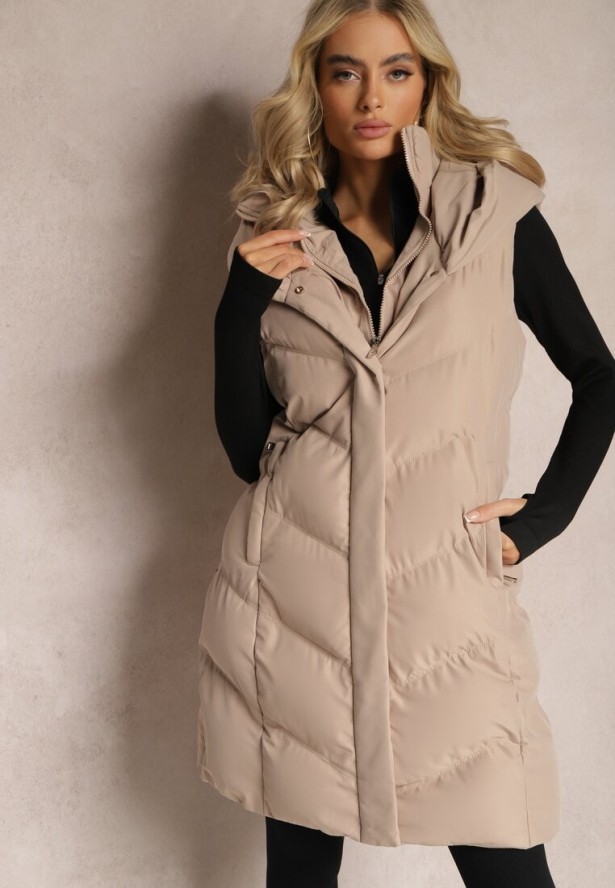 Beżowa Pikowana Kamizelka z Kapturem Roobani