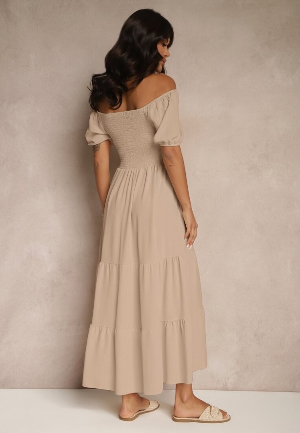 Beżowa Sukienka Hiszpanka z Marszczoną Górą Lumirielle