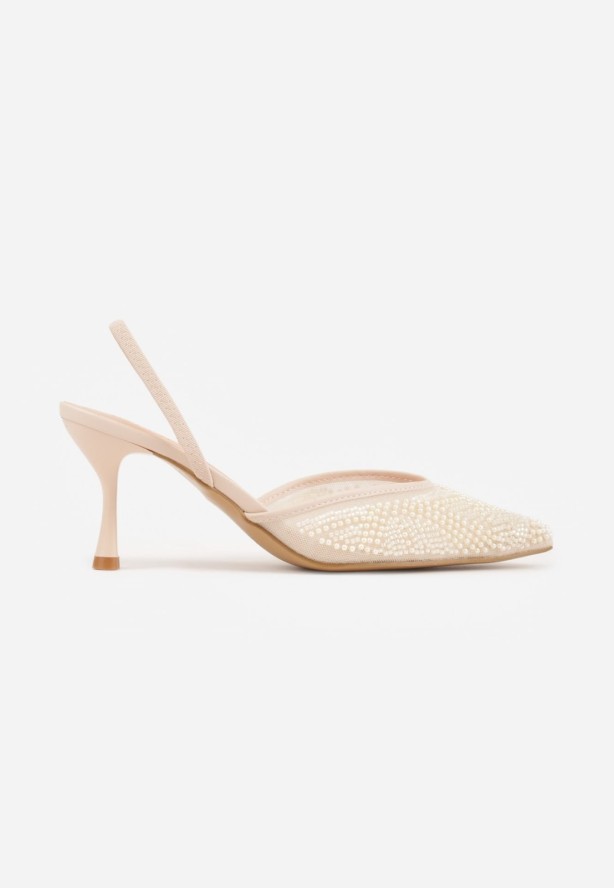 Beżowe Szpilki z Paskiem w Typie Slingback z Cholewką z Siateczki i Koralikami Carilriane