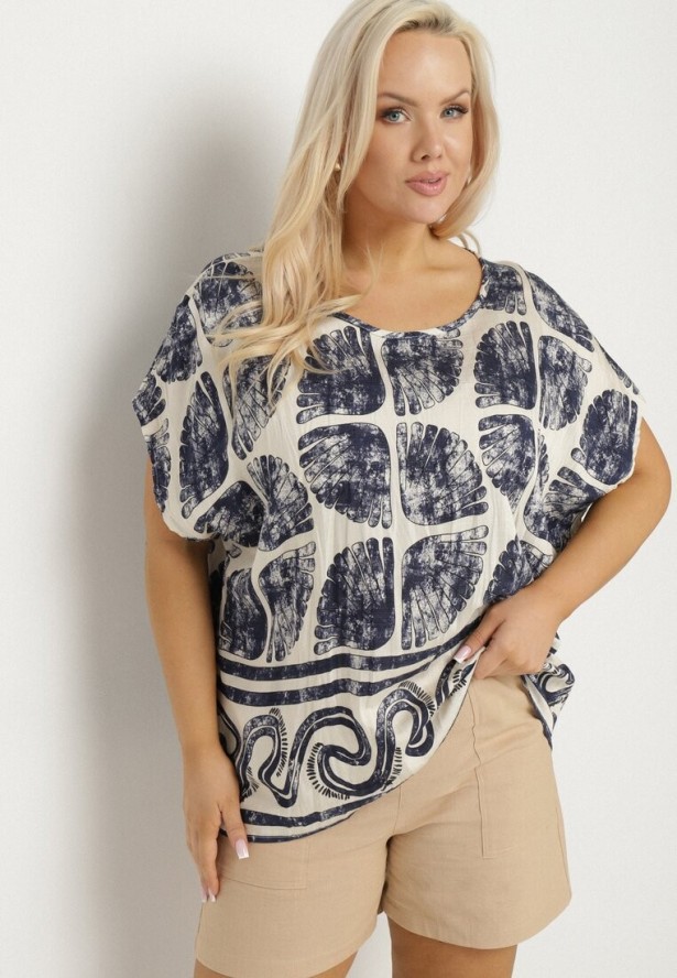 Granatowa Bluzka Nietoperz z Wiskozy w Abstrakcyjny Print Jenoloria