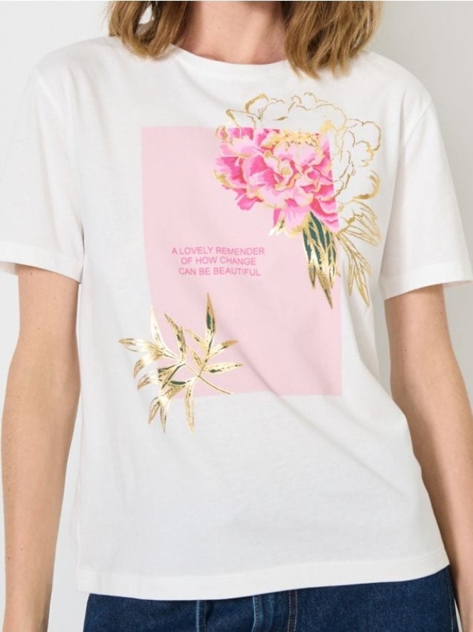 Bawełniana koszulka z nadrukiem - kremowy