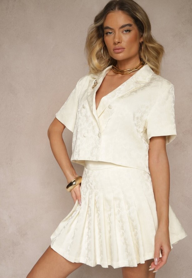 Jasnobeżowy Komplet z Wiskozy Plisowana Spódnica z Szortami i Krótka Bluzka Nilistta