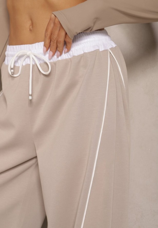 Beżowe Dresowe Spodnie z Wiskozą High Waist Ozdobione Lampasami Maiviona