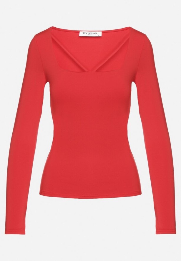 Czerwona Bluzka z Wiskozą Kwadratowym Dekoltem i Ozdobnymi Paskami Tatinithia