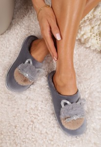 Szare Kapcie Futrzane z Kotkiem Rirovi