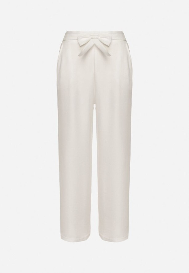 Jasnobeżowe Spodnie o Szerokim Kroju z Wiązaniem i Gumką w Pasie Miravenia