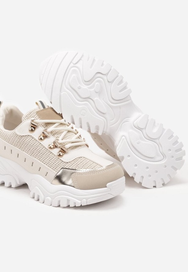 Beżowe Streetwearowe Sneakersy na Grubej Podeszwie z Tłoczeniami Goniswen