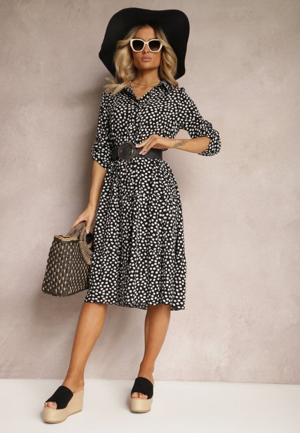 Czarno-Biała Bawełniana Sukienka Koszulowa w Kropki Wexnella