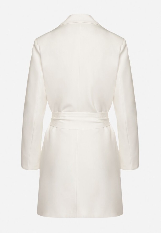 Biała Marynarka Sukienkowa z Paskiem i Usztywnionymi Ramionami Etinella