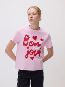 Bawełniany t-shirt z nadrukiem - pastelowy róż