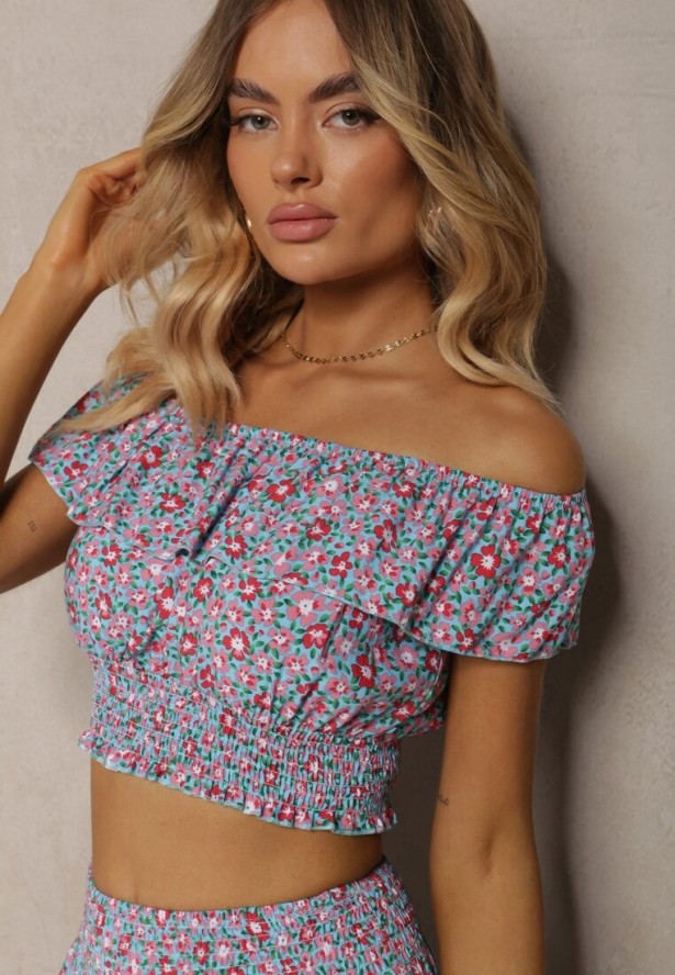 Jasnoniebieski 2-częściowy Komplet Bawełniany z Topem i Długą Spódnicą w Kwiaty Agnda