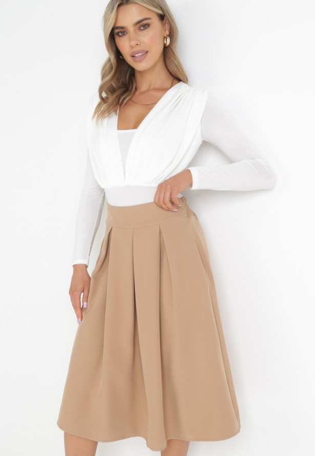 Beżowa Rozkloszowana Spódnica Midi z Gumką w Pasie Glorina