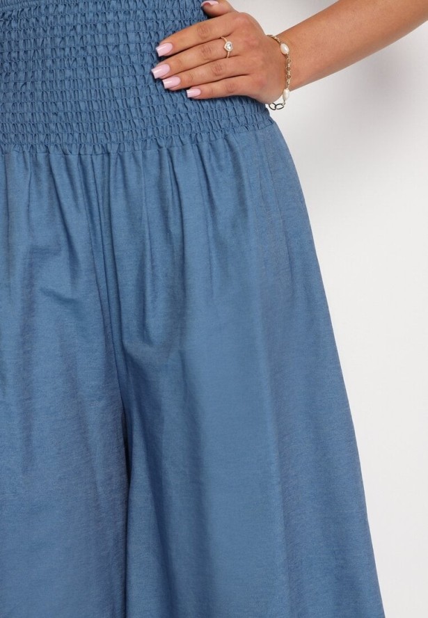 Jasnoniebieskie Bawełniane Szerokie Spodnie Kuloty z Wysokim Stanem i Gumką w Pasie Rafea