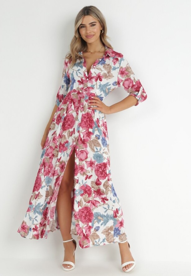 Biała Sukienka Koszulowa z Rozcięciem w Kwiaty Vethere