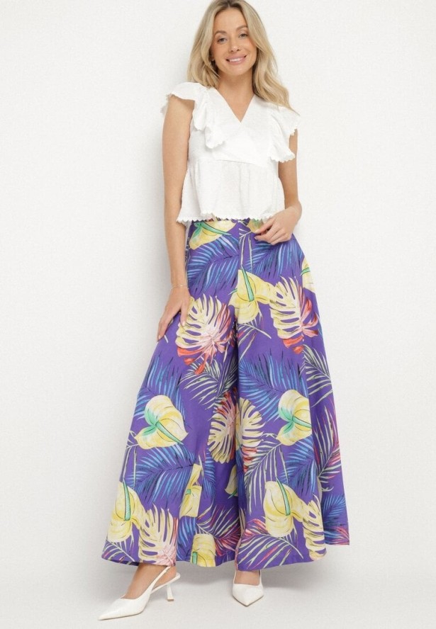 Niebieskie Szerokie Wiskozowe Spodnie z Wysokim Stanem w Liście Senithiela