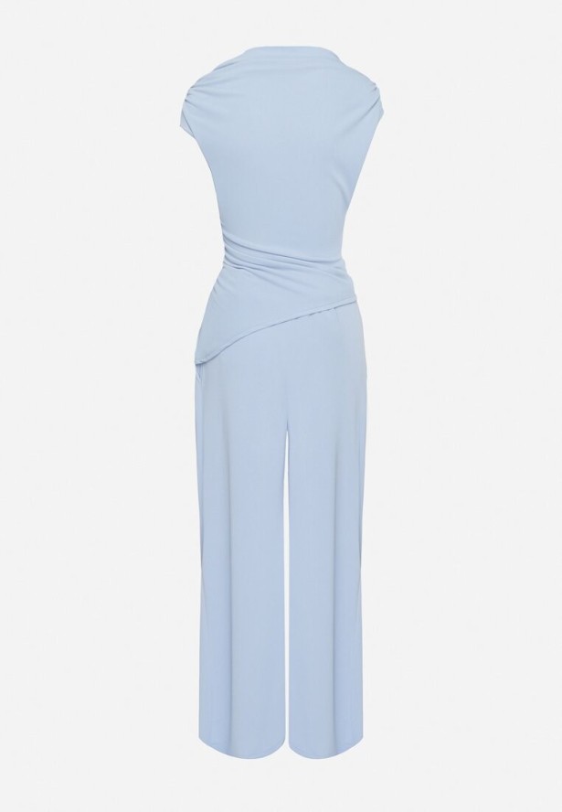 Niebieski Komplet Asymetryczna Bluzka z Marszczeniem i Szerokie Spodnie Filuriela