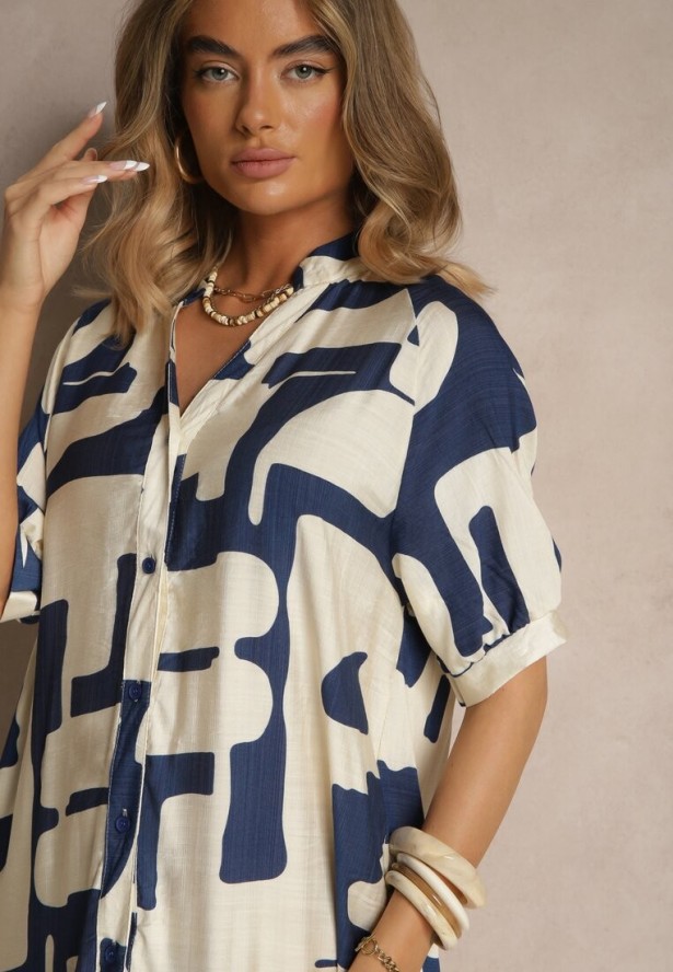 Granatowa Sukienka z Wiskozy Ozdobiona Geometrycznym Motywem Filorea