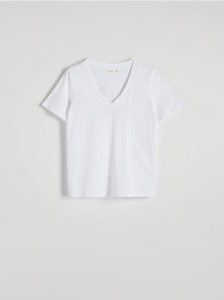 T-shirt regular z dekotem V - biały