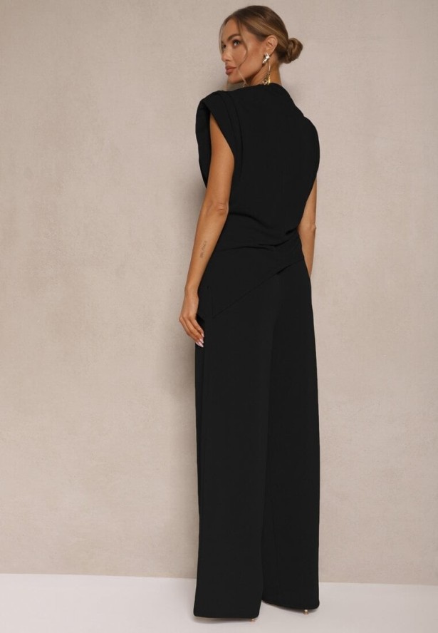 Czarny Komplet Bluzka z Poduszkami w Ramionach i Proste Spodnie z Gumką w Pasie Divanes